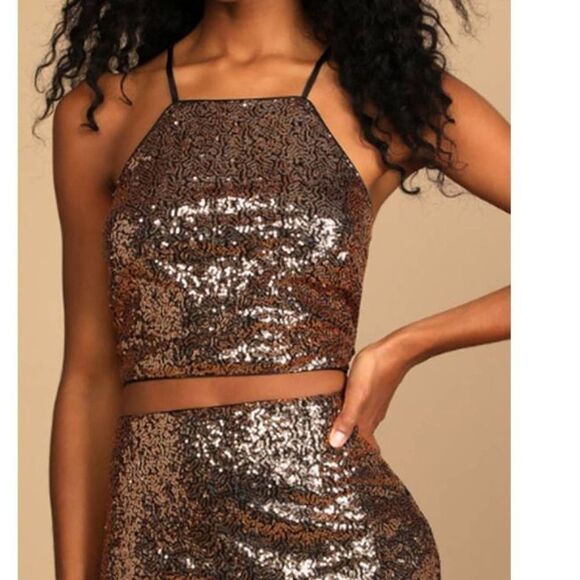 Lulus Women's Bronze Sequin Lace-Up Stretch Two-Piece Mini‎ Dress - Picture 6 of 6